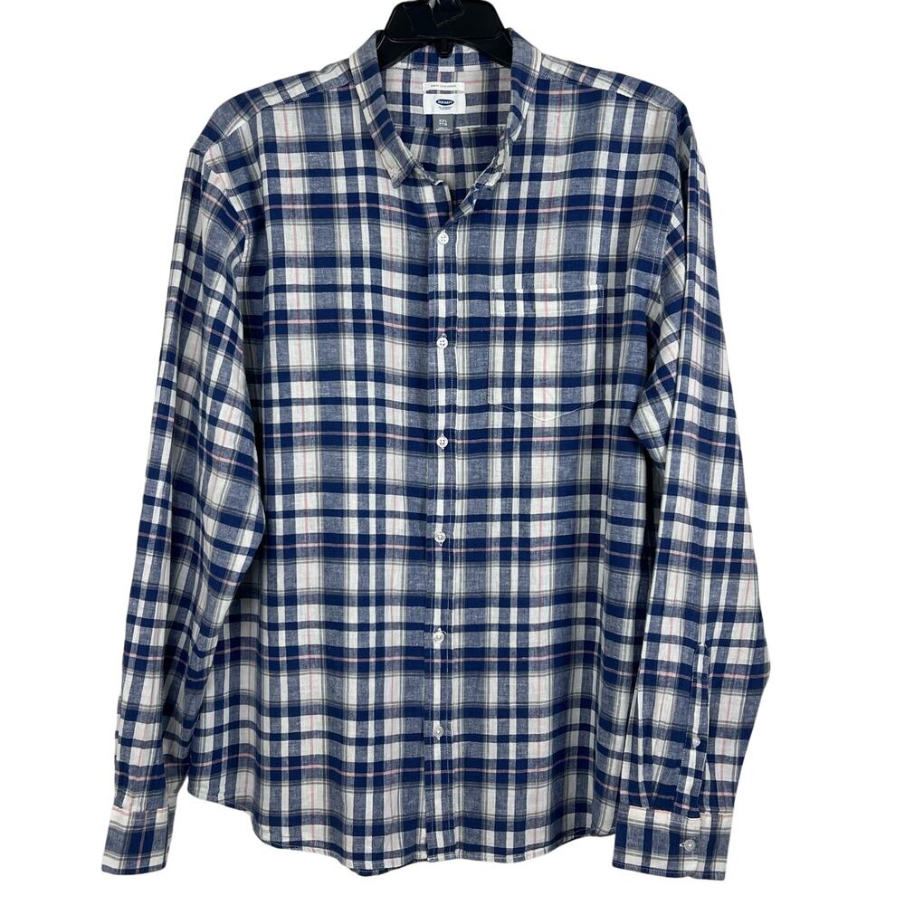 Old Navy Linen Shirt men’s XXL Slim fit blue/ pink plaid Linen Cotton blend